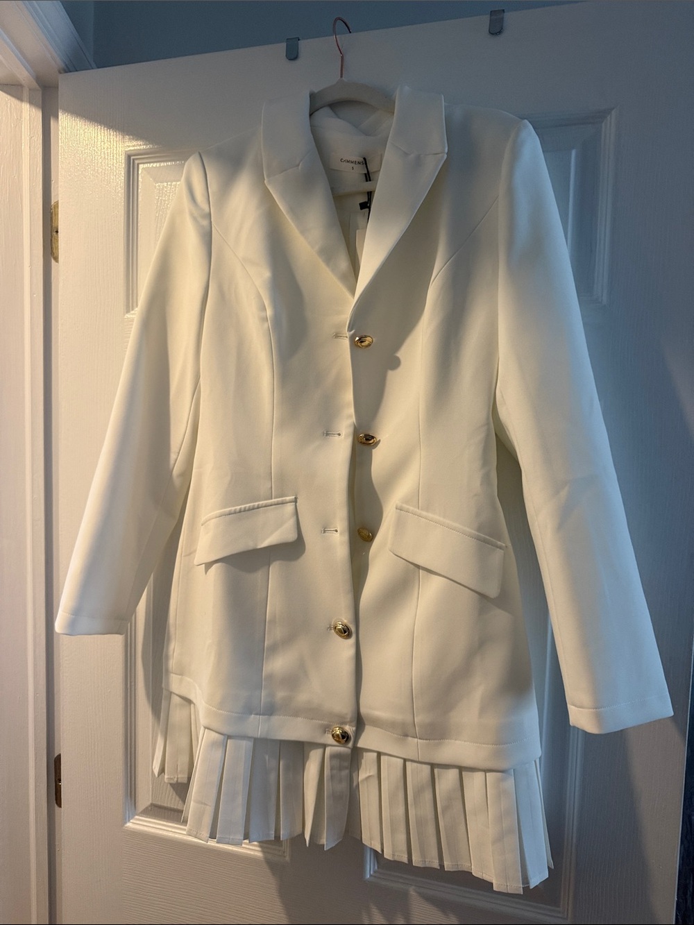 Commense White Women's Blazer with Pleated Hem and Gold Buttons